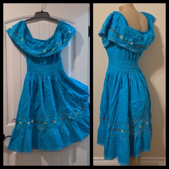 Bright Turquoise Off-Shoulder Embroidered Sundress - Picture 2 of 5